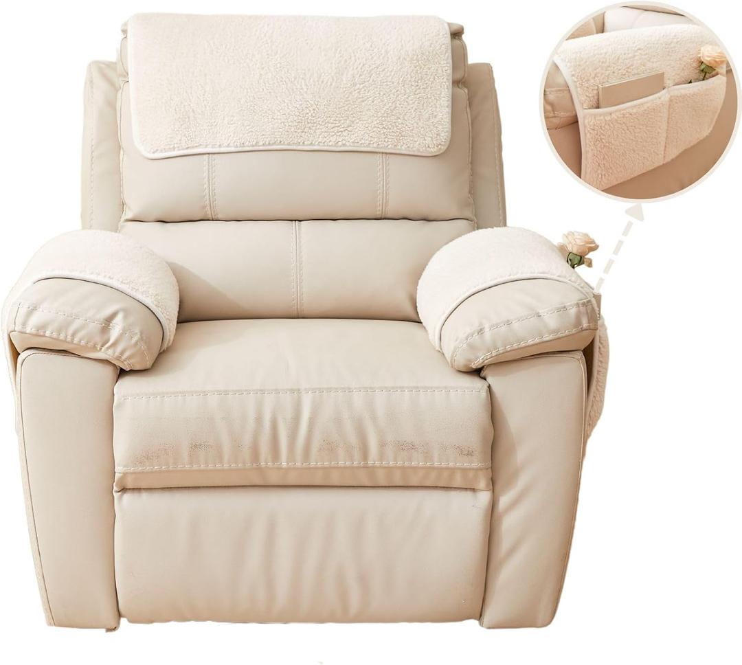 vctops 3 Pieces Sherpa Fleece Sofa Armrest Cover for Recliner Chair with Storage Pockets Non Slip Headrest Cover Fuzzy Couch Cover for Dogs Washable Furniture Protector (Cream,1 Seat)