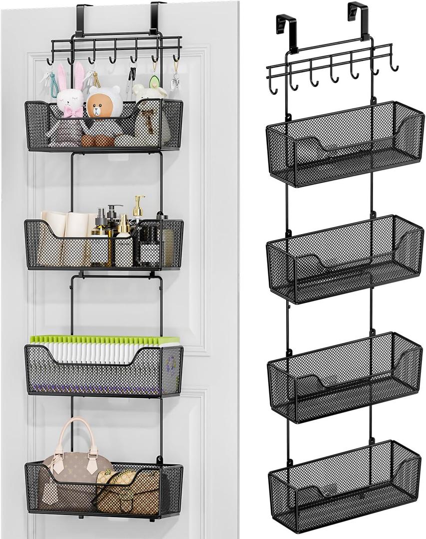 HapiRm Over The Door Organizer - Hanging Door Organizer with 4 Metal Large Capacity Baskets and Adjustable Coat Hook for Bathroom Bedroom Kitchen Pantry Closet Cabinet (5 Tier, Black)