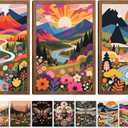 Wood Frame Boho Colorful Wall Art, Set of 3 Abstract Watercolor Mountain Landscape Canvas Wall Decor Painting, Nature Flower Aesthetic Posters＋Set of 9 8x10 Poster for Living Room Bedroom Home 24x16In