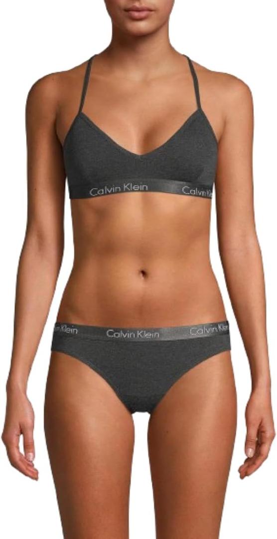 Calvin Klein Women's Motive Cotton Lightly Lined Bralette Bra (Large, Charcoal Heather)