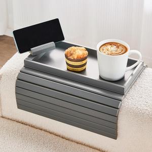 LOVYANXUE Bamboo Sofa Arm Tray, Anti Falling Couch Arm Tray Armrest Table with 360 Rotating Phone Holder, Foldable and Portable Sofa Armrest Trays Cup Holder for Drink,Cups, Phone, Snacks, Remote, Gray