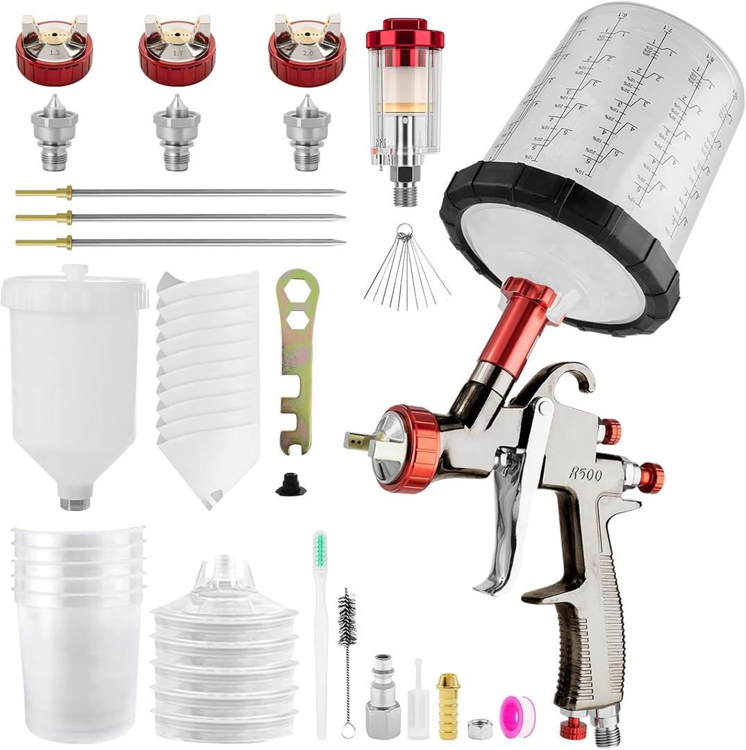 SRQ R500 LVLP Air Spray Gun with 650ml Mixing Cup & 600ml Reusable Plastic Cup, 1.3/1.7/2.0mm Nozzles Paint Gun Sprayer, Automotive Paint Gun for Car, Furniture, Fence, Varnish& Top Coat