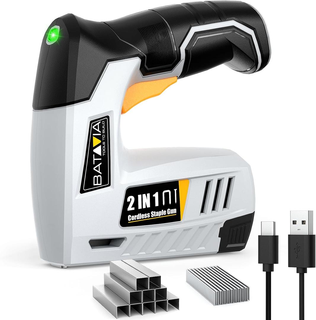 BATAVIA Electric Staple Gun, 2-in-1 Cordless Brad Nailer & Stapler Kit with 2000Pcs Nails & Staples, 4V Lithium-ion Rechargeable Nail Gun for Upholstery, Wood Working, DIY Home Projects