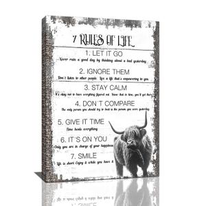 Inspirational 7 Rules of Life Wall Art Farmhouse Highland Cow Pictures Decor Black and White Cow Canvas Painting Modern Framed Prints Artwork for Home Bathroom Bedroom Living Room Office 16"x24"