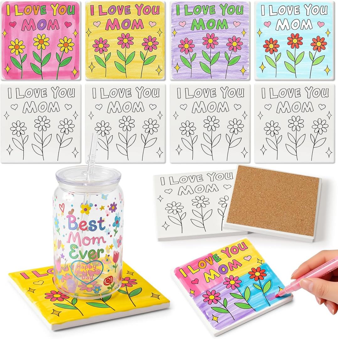 10 Set Mother's Day Crafts Bulk I Love You Mom DIY Ceramic Tiles, 4x4 Make Your Own Mother's Flower Coasters with Backing Pads for Painting, Unglazed Ceramic Crafts for School Classroom Activities