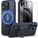 TOCOL Magnetic Ring Stand for iPhone 15 Pro Case, Upgraded Full Camera Protection, Compatible with MagSafe, Translucent Matte Back Bumper Phone Cover 6.1-Inch (Black)