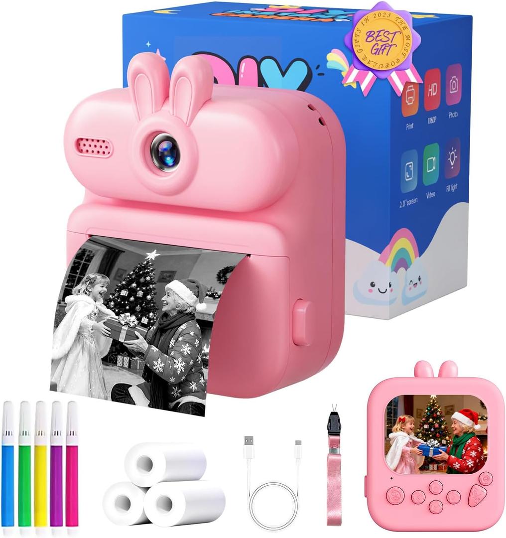 Kids Camera Instant Print: Gleeglee 1080P Kids Instant Print Camera - 32G SD Card - Lanyard - Christmas Birthday Gifts for Girls Boys - Portable Toy for 3 4 5 6 7 8 9 10 Years Old, Pink Rabbit