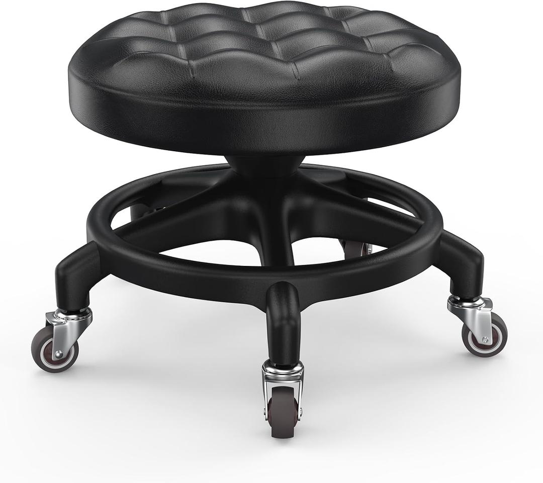 Upgraded Low-Profile Rolling Stool with 360 Smooth Rubber Wheels Heavy-Duty 450lbs, PU Seat & Anti-Tip Base | Ideal for Home, Office, Salon, Workshop, Mechanic, Garage, Black