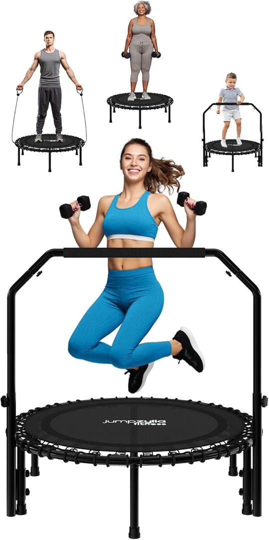 Jumpzylla Fitness Rebounder Trampoline for Adults, Mini Trampoline for Adults with Bar and Elastic Bands, Family Kids & Adult Exercise Trampolines Indoor/Outdoor, 450lbs, 40 inch, Black 