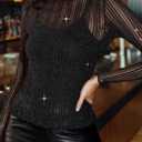 Women's Mesh Sheer Striped Mock Neck Long Sleeve Club Blouse Shirt Top (L)