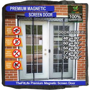 TheFitLife Double Door Magnetic Screen - Mesh Curtain with Full Frame Hook & Loop Powerful Magnets, Snap Shut Automatically for Patio, Sliding Or Large Door (Fits Doors up to 64''x80'') (Black)