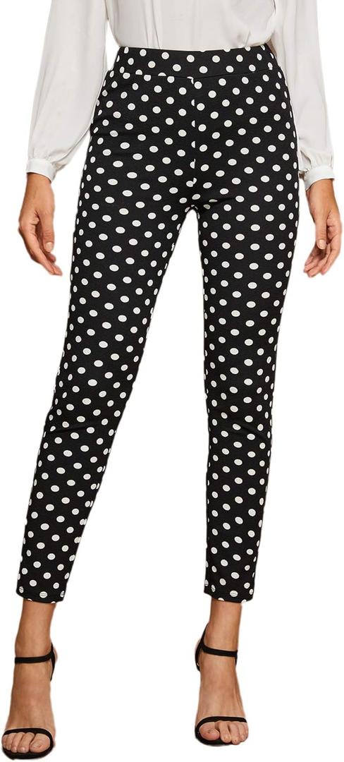 SweatyRocks Women's Casual Skinny Leggings Stretchy High Waisted Work Pants (Medium, Black White Polka Dot)
