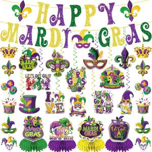 20Pcs Mardi Gras Decorations, Happy Mardi Gras Banner Hanging Swirls and Honeycomb Centerpieces New Orleans Carnival Masquerade Party Decorations for Fat Tuesday Decor