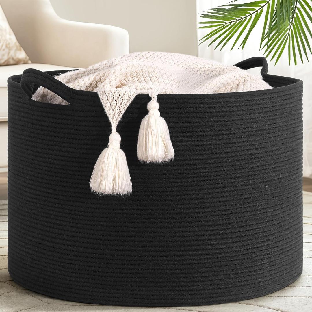 Goodpick Large Storage Basket, 23.5'' x 15.8'' Woven Storage Baskets, Cotton Rope Toy Storage for Kids Decorative Laundry for Home, Perfect for Living Room, 115L Black