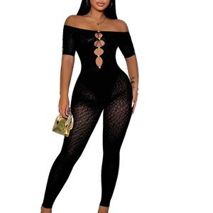 WEICHUJIAN Women Sexy See through Hollow Mesh Leopard Print Rhinestone Club Short Sleeve Bodycon Jumpsuit (Black, XL)