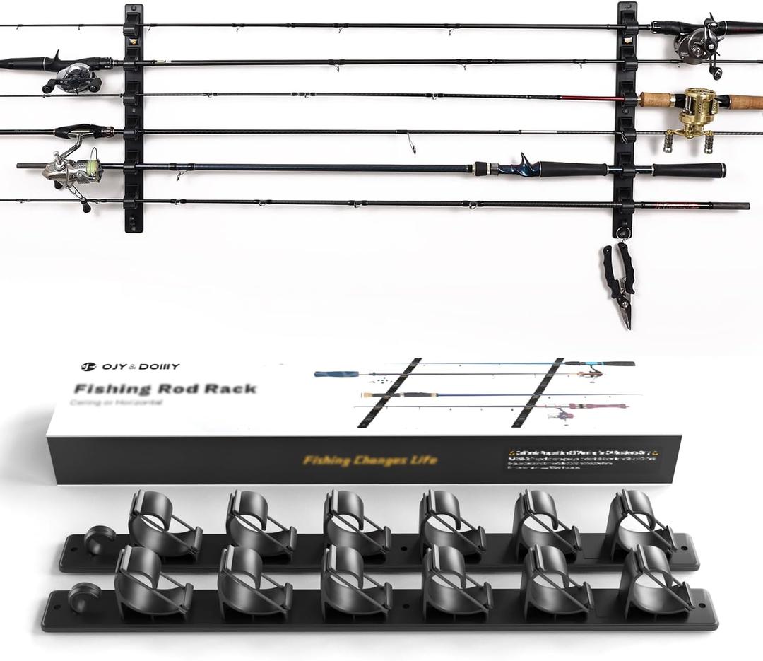 OJYDOIIIY Wall Mount Fishing Rod Holders,Horizontal/Ceiling Fishing Pole Storage Rack for Garage (1 Pack, 6 Rods)