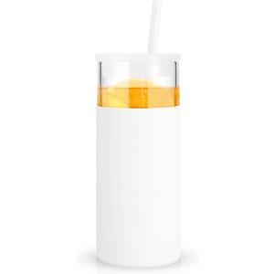 Tronco 20 oz Glass Tumbler With Lids and Straws, Reusable Smoothie Cups With Silicone Lid, Iced Coffee Cup With Silicone Protective Sleeve, Dishwasher Safe- BPA FreeWhite 1 Count