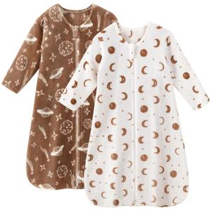 Fleece Baby Sleep Sack 6-12 Months Long Sleeve 2.0 Tog Baby Wearable Blanket with 2-Way Zipper Warm Sleeping Sack for Toddler Infant Newborn - Medium White Brown Moon