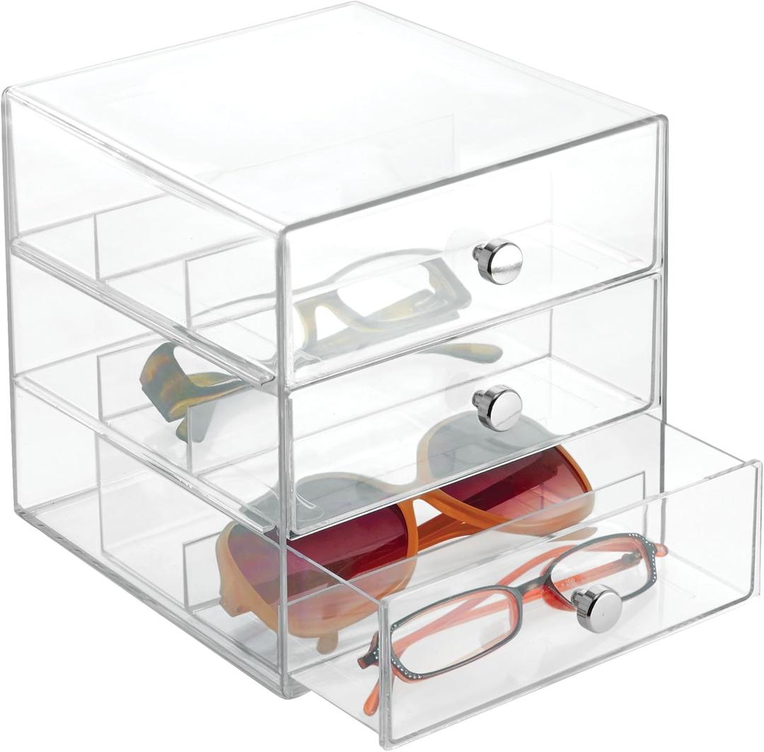 iDesign Plastic Divided 3-Drawer Vanity & Countertop Organizer  7" x 6.5" x 6.5, Clear