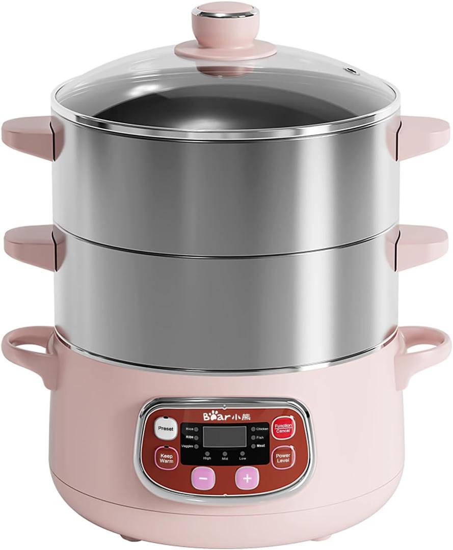 Bear Electric Multifunctional Food Steamer, One Touch Digital Steamer with Timer, Vegetable Steamer 2 Tiered Stackable Stainless Steel Baskets, Auto Shut-off & Anti-dry Protection, 1200W, 8.5Quart