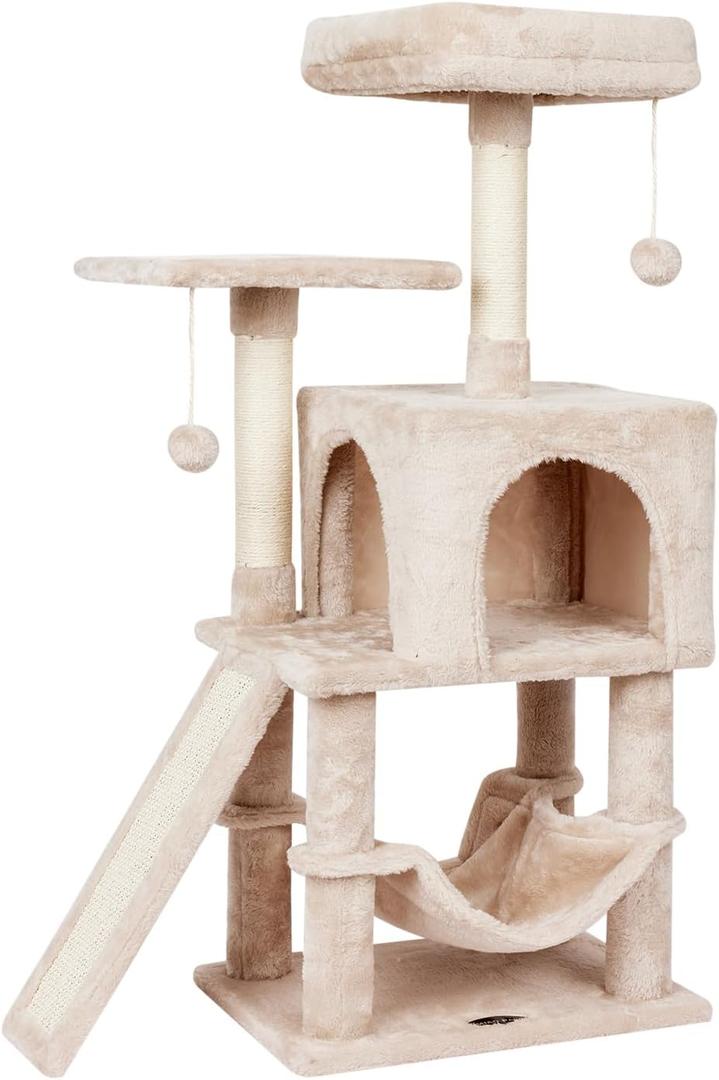 Cute Cat Tree Tower for Indoor Cat Tower with Scratching Post Modern Activity House Hammock Hanging Ball Condo with Board Beige (40.7")