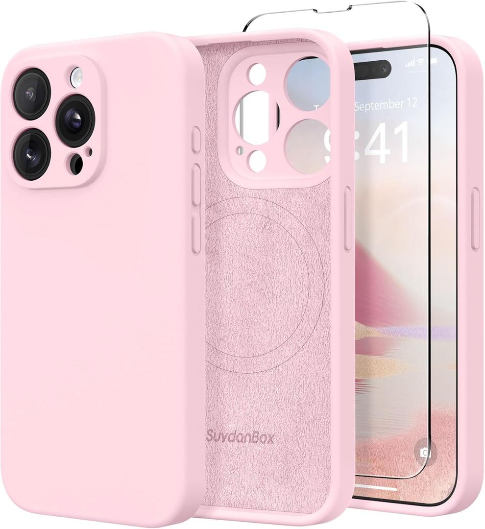 Magnetic for iPhone 14 Pro Max Case, Compatible with MagSafe, [Full Camera Protection][Screen Protector] Silicone Shockproof Protective Phone Case for iPhone 14 Pro Max 6.7", Chalk Pink