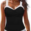 GRAPENT Tankini Tops for Women Colorblock Ruched Swimsuits Beach Padded Adjustable Straps Modest Swimwear Swim Tops Only, XL