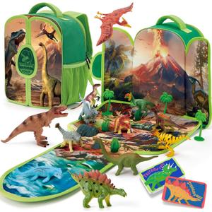COCO&Friends Dinosaur Toys for Kids 3-5 - Portable Dinosaur Backpack Play Set with Foldable 3D Mat, Pretend Play Toy for 4 Year Old Boy Birthday Gift - Travel Outdoor Beach Toys for Kids Ages 4-8