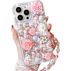 for iPhone 13 Pro Max Glitter Bling Case, Cute Luxury 3D Crystal Rhinestone Flowers Diamond Pearl with Wrist Strap Bracelet Chain Women Girls Case Cover for iPhone 13 Pro Max 6.7Inch (Pink)