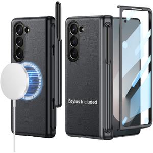 for Samsung Galaxy Z-Fold-6 Case: Support All Magsafe Accessories | Fold 6 New Slim S Pen (2024) Holder & Generic Stylus | Hinge Protection, Leather Back, Screen Protector - Black