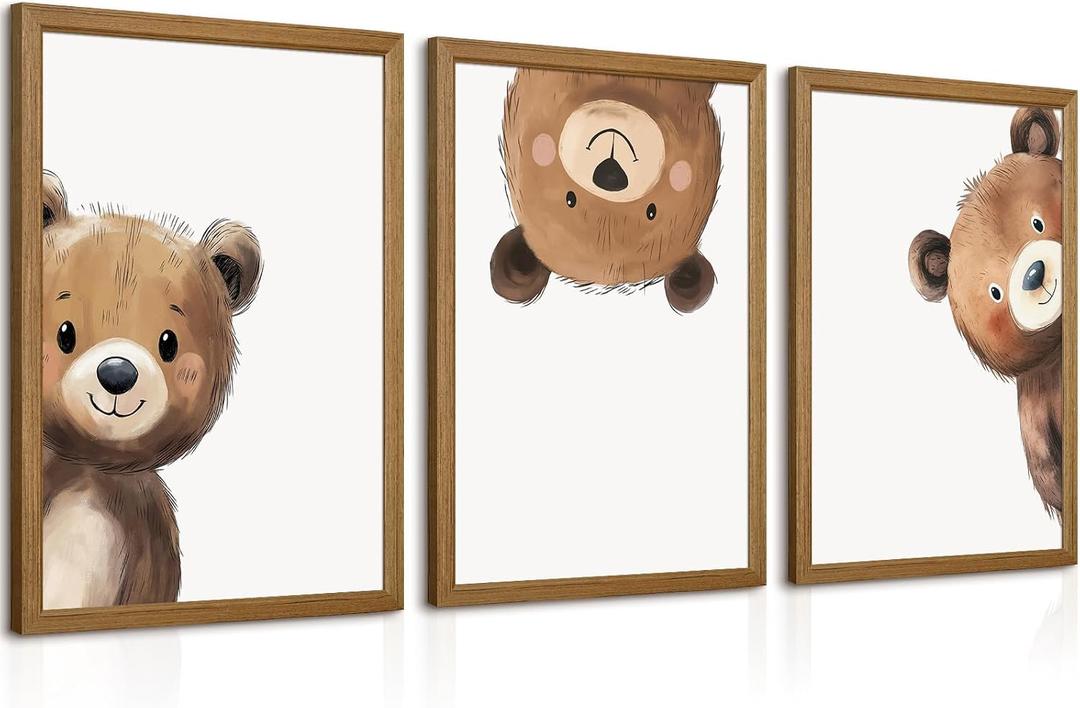 Bear Nursery Wall Art Decor Kids Canvas Poster Baby Boy Nursery Wall Decor Woodland Animal Pictures Teddy Peeking Bear Prints Cute Brown Painting Neutral Artwork Bedroom 16x24x3 Inch Wood Framed