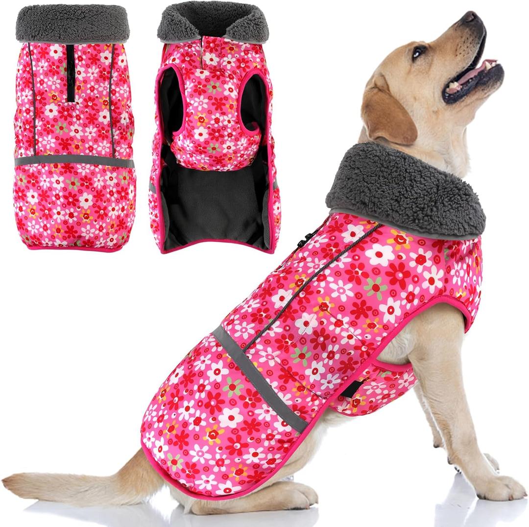Doglay Dog Coat, Waterproof Dog Jacket Pet Winter Coat for Cold Weather with Thicken Furry Collar, Reflective Puppy Winter Jacket Warm Fleece Lining for Pets, 2XL (Chest: 27.56-38.58", Back: 23.62"), Pink Flower