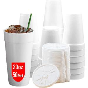 20 OZ Foam Cups With Lids for Hot & Cold Drinks, USA-Made 50-Pack. Ideal Styrofoam Coffee Cups, Insulating To-Go Cups for Soda, Tea, Juice - Sturdy, Disposable & comparable to Industry standard 20J20
