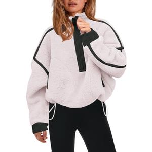 Panadila Womens Half Zip Sherpa Fleece Pullover Soft Oversized Sweatshirt with Pockets Warm Fuzzy Sweater (Medium, White)