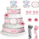 CORNER LACE Baby Shower Pink Elephant Diaper Cake Decorations, Newborn Baby Girl Birthday Party Diaper Cake Supplies Kit, Include Ribbon, Bow Tie, Cake Toppers, Artificial Flowers(Diaper Not Included)