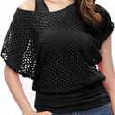 WILDPARTY Women's Casual Sexy Off Shoulder T-Shirt, 80s 90s Outfit 80's Costume Fishnet Neon Shirt Summer Short Sleeve (Large)