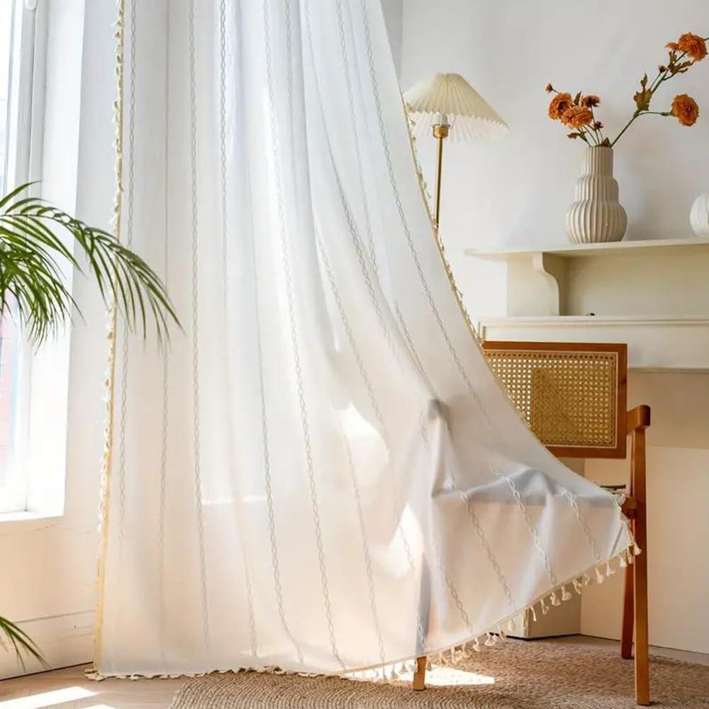 Schweek White Boho Curtains for Bedroom Living Room 84 Inches Long Farmhouse Semi Blackout Curtains 2 Pannels Window Curtain Panel, Bohemian Tassel Curtain Drapes, 55" W x 84" L