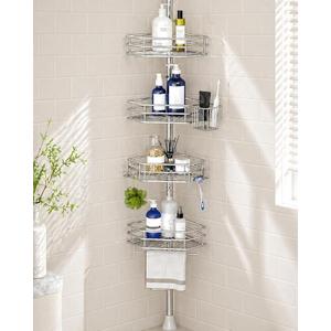 SEIRIONE Corner Shower Caddy Tension Pole, Quick Setup, RustFree Bathroom Shower Organizer Corner for Bathtub Shampoo Storage, 4Tier Adjustable Shelf, Drill Free, Fits 34 to 116 Inch Height, Silver