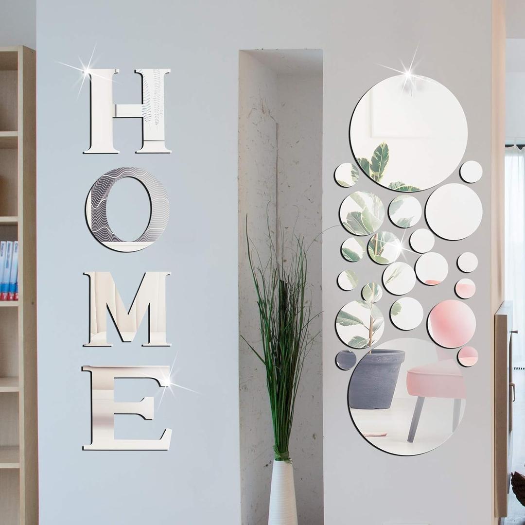 Zonon 30 Pcs Living Room Wall Decor Home Mirror Wall Letter Signs Stickers DIY Acrylic Mirror Decals 3D Decorations for Home Bedroom Living Room Removable, Silver 