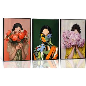 JWDXNOOK 3Pcs Abstract Women and Flowers Wall Art Modern Female Floral Portrait Canvas Paintings Print Minimalist Color Poster Wall Decor Suitable for Living Rooms Bedrooms and Bathrooms (Unframed)
