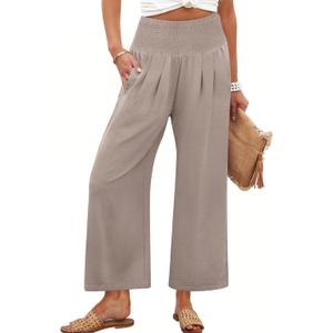 ANRABESS Womens Pants Wide Leg High Waisted Palazzo Pants Summer Flowy Beach Lounge Casual Trousers with Pockets (Beige, S)