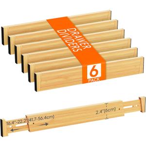 Lifewit 6 Pack Drawer Dividers Bamboo 2.4" High, 16-22" Adjustable Drawer Organizers for Clothes, Wooden Dresser Separators in Bedroom/Bathroom/Kitchen/Fridge/Office Organization and Storage