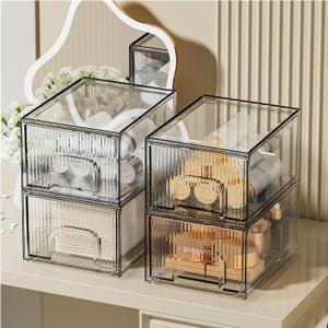 ZHIAI 4 Pack Clear Stackable Storage Drawer, Acrylic Drawer, Cosmetic Organizer, Plastic Organizer for Dresser, Under, Kitchen Cabinet, Pantry, Home Organization and Storage