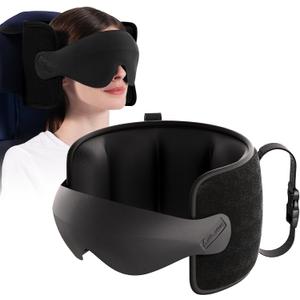 Travel Pillow for Airplane, Travel Pillow with Seat Strap and 3D Eye Mask to Firm Head, 360Support Headrest No Bobblehead, Travel Essentials for Long Flight,Car Road Trip,Black