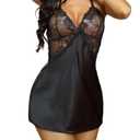 SOLY HUX Women's Lace Satin Lingerie Set Criss Cross Spaghetti Strap Babydoll Dress Chemise Nightgown with Thong Pure Black Small (Black, S)