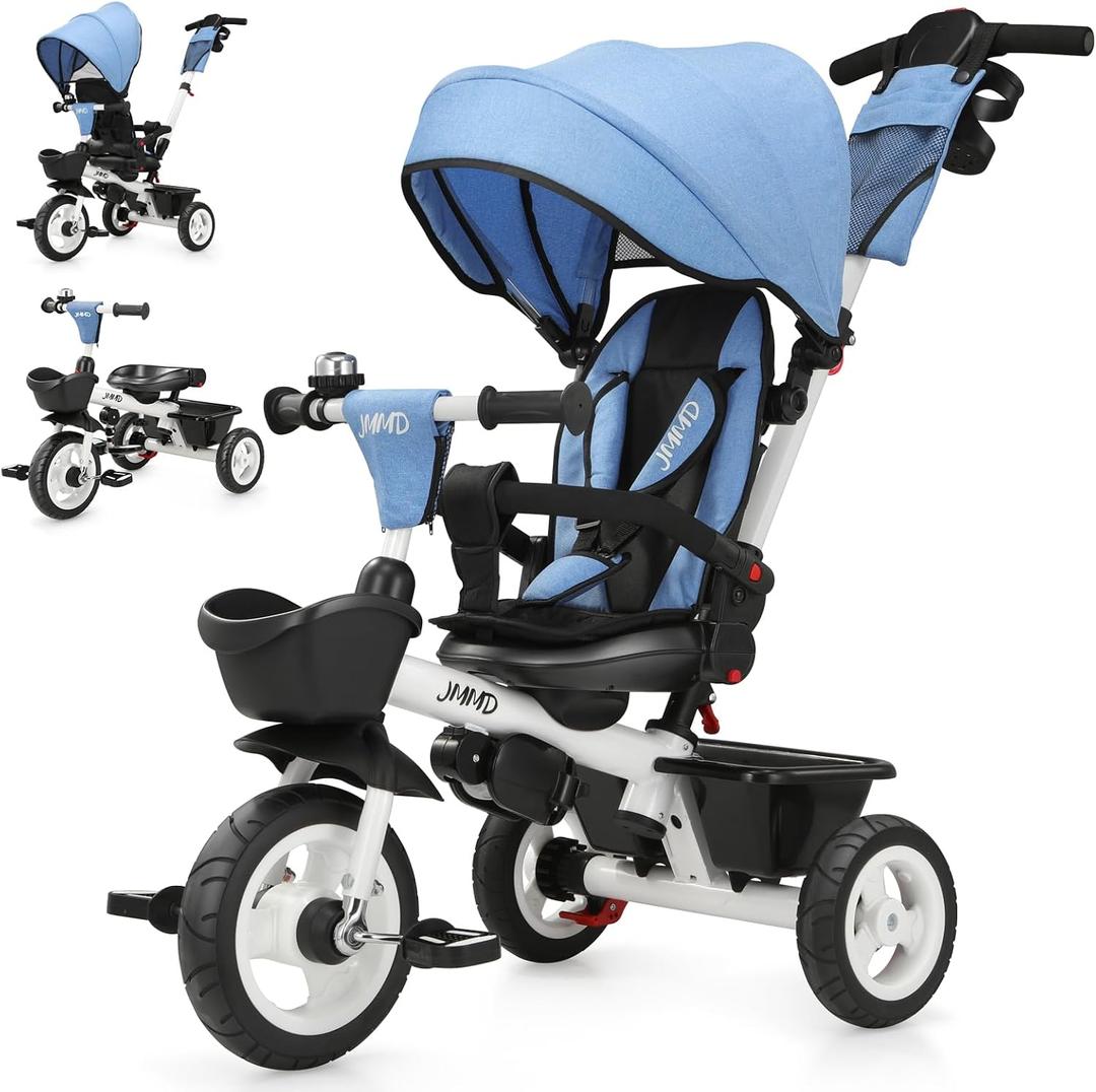 JMMD 7 in 1 Tricycle Stroller with Push Handle, Baby Trike with 360 Swivel Seat, Reclining Backrest, All-Terrain Wheels, Dual Brakes, Canopy & Storage, Gift for Kids 18 Months to 5 Years, Blue
