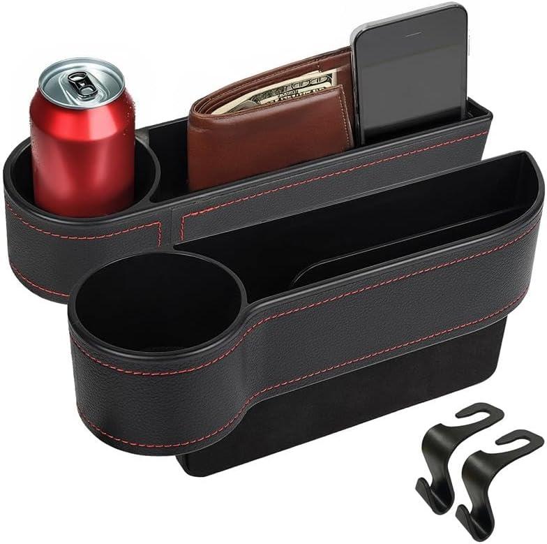 EcoNour Car Seat Gap Filler with Cup Holder (25.4 x 15.2 cm) | Auto Console Organizer in Between Front Seats for Holding Phone, Drink and Cards | Travel Accessories with 2 Headrest Hooks
