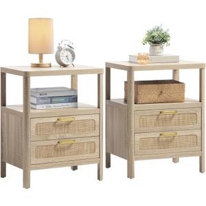 Nightstands Set of 2 - Rattan Night Stand Bedside Table with 2 Rattan Drawers, Open Storage Shelf, Farmhouse Wood Bed Side Tables End Table for Bedroom Living Room, Natural