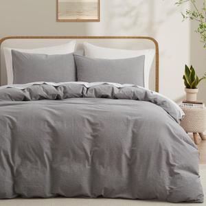 LOVQUE Light Grey Cotton Duvet Cover Twin Size, Linen Like Natural Bedding Set with Zipper Closure (No Comforter), 68x90 Inches