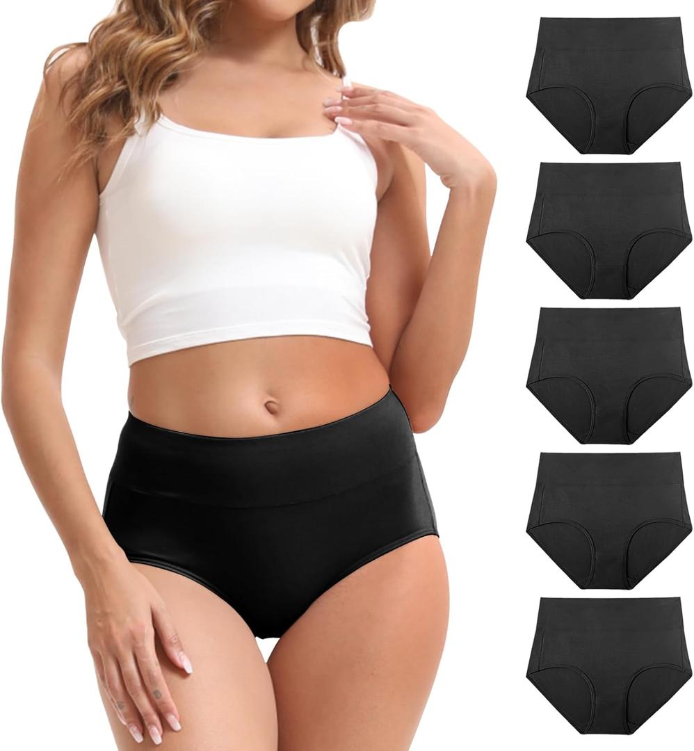 Women's Cotton Underwear High Waisted Briefs Stretch Full Coverage Panties (Black, L)